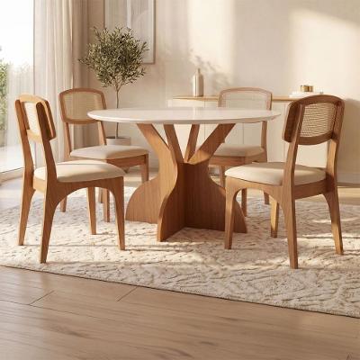 Conjunto Mesa Jantar 4 Lugares Tampo MDF com Vidro Off White com Freijó Dalla Costa Móveis