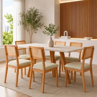Conjunto Mesa Jantar 6 Lugares Vidro Palha Off White com Freijó e Cesare Escuro 160CM Dalla Costa
