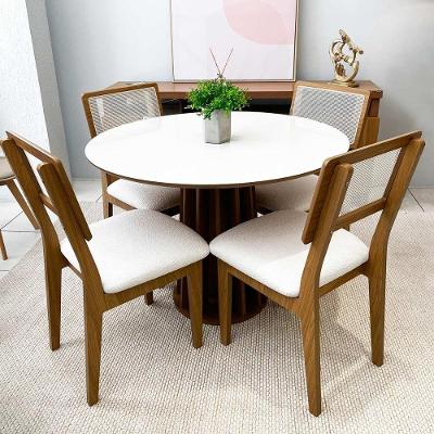 Conjunto de Jantar Mesa Redonda Mesa Cadeira 4 Lugares Tampo MDF Tela Palha Freijó com Off White