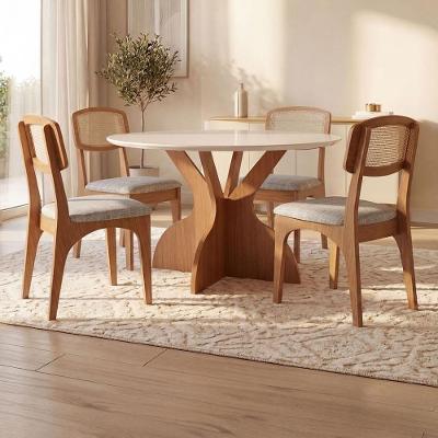 Conjunto Mesa Jantar 4 Lugares Tampo MDF com Vidro Off White com Freijó Dalla Costa Móveis