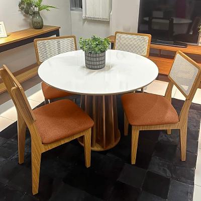Conjunto de Jantar Mesa Redonda 4 Lugares Tampo MDF Tela Palha Freijó com Off White