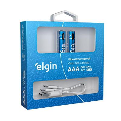 Pilha Recarregável AAA Palito USB-C 1200mAh Kit 2 Unidades com Cabo Elgin