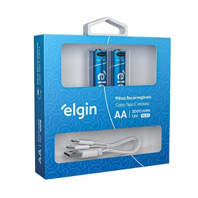 Pilha Recarregável AA Elgin Alcalina 1200MAH 1,6V USB-C Kit 2 Unidades