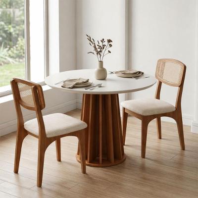 Mesa Redonda Jantar MDF 2 Lugares Base Ripada Tampo MDF Off White com Freijó e Bege Rústico Dalla
