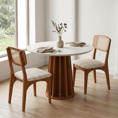Mesa Redonda Jantar Base Ripada 2 Lugares Tampo MDF Cadeiras Estofadas Off White Freijó 90CM Dalla