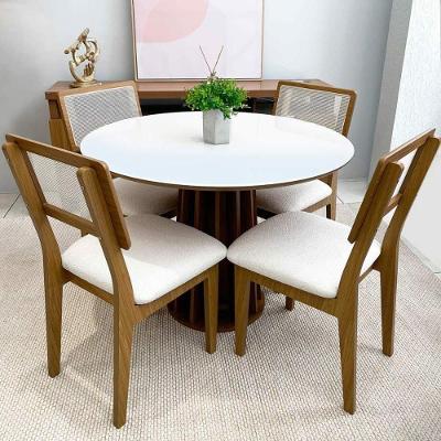 Mesa Redonda Conjunto 4 Lugares Tampo de Vidro 100% MDF Off White com Freijó e Bege Rústico