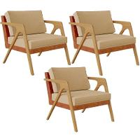 Kit 03 Poltronas Couríssimo Camel Linho Bege Escuro - 1