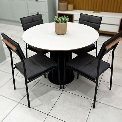Mesa Jantar Redonda MDF 4 Lugares 105CM com Cadeiras Estofadas Linho Off White com Preto e Grafite