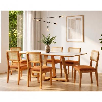 Mesa Jantar 180CM Retangular 6 Lugares Tampo MDF Off White com Freijó Cadeiras Cesare Terracota