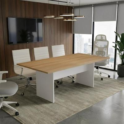 Mesa de Reunião Retangular Executiva Pé Painel MDP 200CM Carvalho Treviso Branco