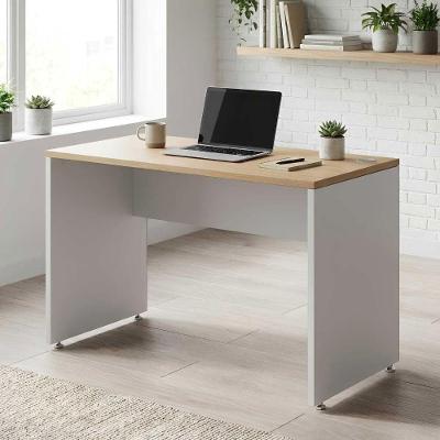 Mesa Escrivaninha Retangular Escritório Pé Painel Passa Cabos 120CM Carvalho Treviso Branco