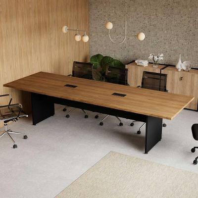 Mesa de Reunião Escritório 300CM X 110CM 08 Pessoas 2 Caixas para Tomadas 100% MDF Freijó com Preto