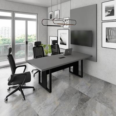 Mesa de Reunião com Painel para TV Industrial 200CM MDF MDP Cinza Sagrado com Preto F5 Office