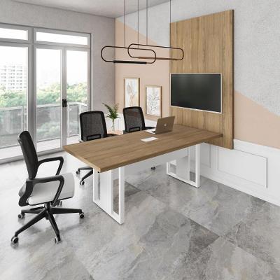Mesa de Reunião Industrial 200CM com Caixa de Tomadas Painel para TV Macadâmia e Branco F5 Office