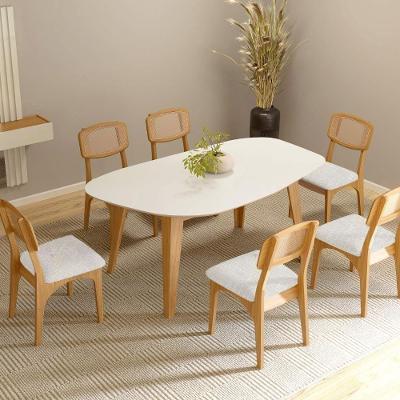 Mesa de Jantar Orgânica 6 Lugares Tampo MDF Off White com Base Freijó 180CM com Cadeiras Tweed Claro