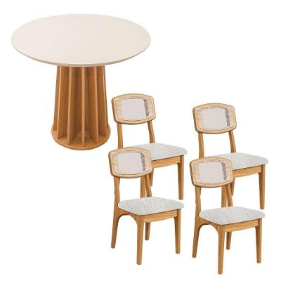 Mesa de Jantar Redonda Base Ripada 4 Lugares MDF Off White com Freijó e Tweed Claro 90CM Dalla Costa