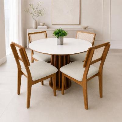 Mesa de Jantar 90CM Ripada 4 Lugares Tampo MDF Cadeiras Estofadas Off White Freijó Bege Rústico