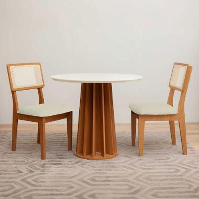 Mesa de Jantar 90cm com 2 Cadeiras Base Ripada Tampo MDF Off White com Freijó e Cesare Escuro Dalla