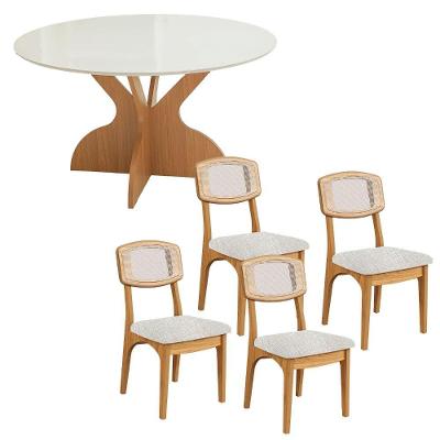 Mesa de Jantar 135cm 4 Lugares Tampo MDF Off White com Freijó e Tweed Claro Dalla Costa Móveis