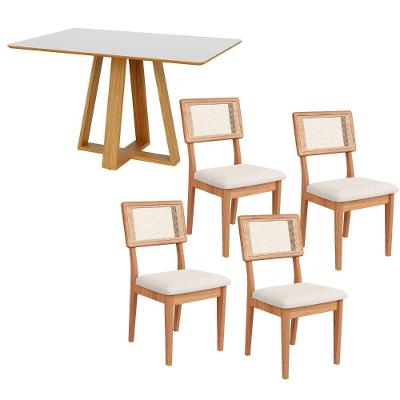 Mesa de Jantar 4 Lugares MDF Cadeiras Estofadas Off White 135CM Dalla Costa Móveis