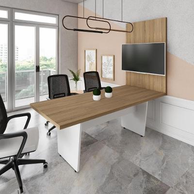 Mesa de Escritório com Painel para TV F5 Moderno sem Gavetas 200CM Macadâmia com Branco
