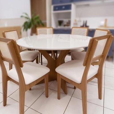 Mesa de Jantar 1,35m Tampo de Vidro com 6 Cadeiras Off White com Freijó e Cesare Claro