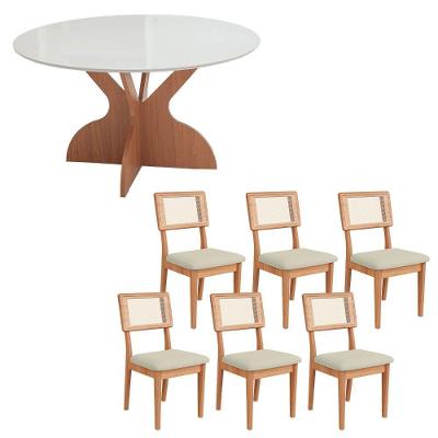 Mesa de Jantar 1,35m com 6 Cadeiras Tampo MDF Off White com Freijó Bouclé Cesare Escuro Dalla Costa