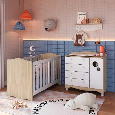 Quarto Infantil 3 Peças Berço 3 em 1 Cômoda 1 Porta 4 Gavetas Prateleira Carvalho Araguaia