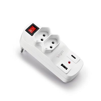 Protetor de Linha 2 Tomadas 2P-T 10A 2 USB Bivolt Carregamento Rápido Elgin