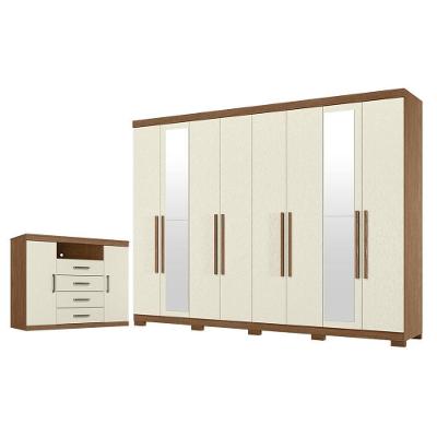 Guarda Roupa Casal Master New 8 Portas de Bater 4 Gavetas MDP com Espelho e Cômoda Jatobá Areia