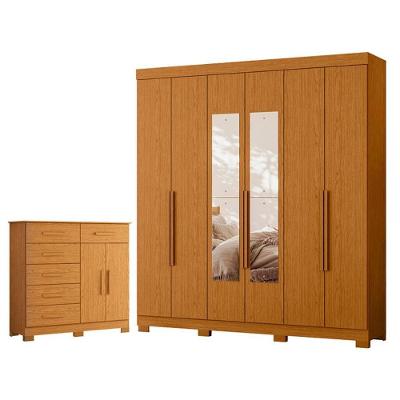 Guarda Roupa Casal com Cômoda Vinci 6 Portas de Bater com Espelho MDP Cinamomo Albatroz Móveis 180CM