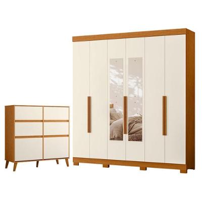 Guarda Roupa Casal Vinci 6 Portas Basculantes com Espelho Cômoda Sapateira Dora MDP Cinamomo Off