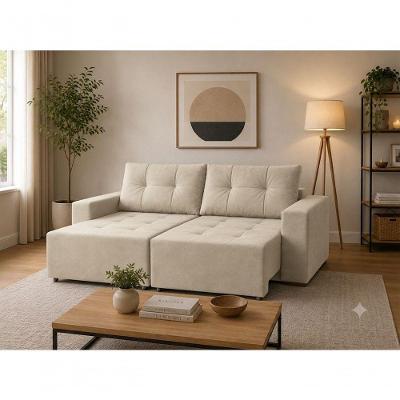 Sofá com Chaise Hawai 3L Retrátil Reclinável 180CM Bege Veludo