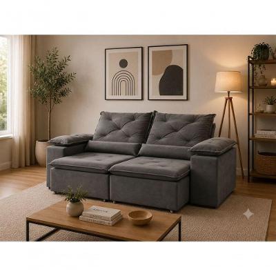 Sofá com Chaise Beatriz 3 Lugares Retrátil e Reclinável 195CM Cinza