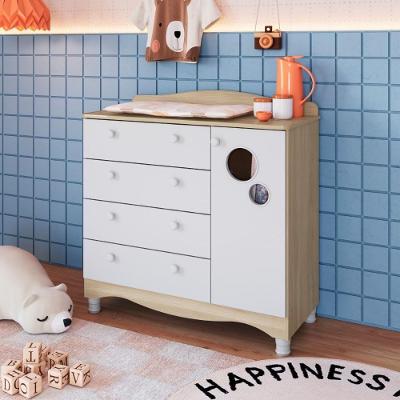 Cômoda Infantil Encanto 4 Gavetas MDP Carvalho e Branco Dalla Costa Móveis