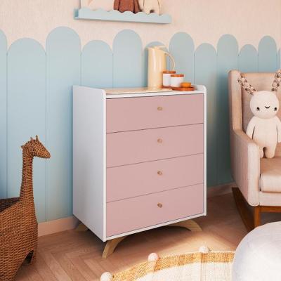Cômoda Infantil Affetto 4 Gavetas MDP Puxador em Madeira Rosa Branco Dalla Costa Móveis
