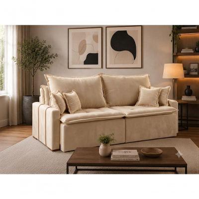 Sofá com Chaise Orfeu 2.00 3 Lugares Retrátil 200CM Bege Veludo