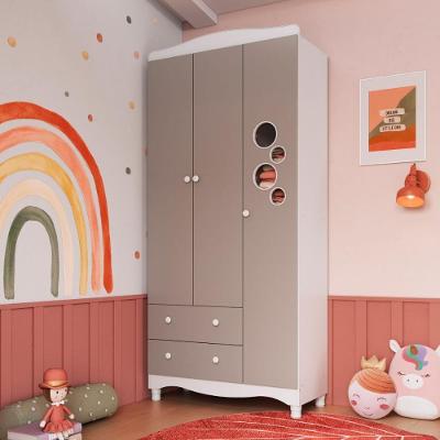 Guarda Roupa Infantil Encanto 3 Portas de Bater 2 Gavetas MDP Branco e Cinnamon Dalla Costa Móveis