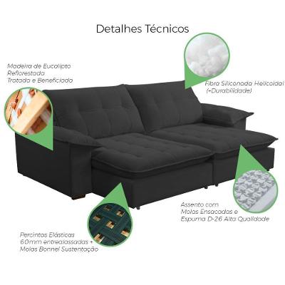 Sofá com Chaise Lisboa 4 Lugares Retrátil e Reclinável 240CM Grafite Lansof Brasil
