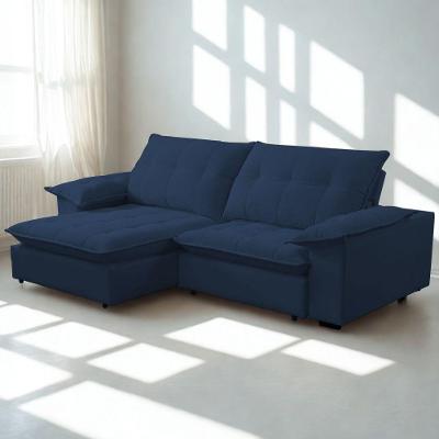 Sofá com Chaise Lisboa 4 Lugares Retrátil e Reclinável 240CM Azul Veludo Lansof