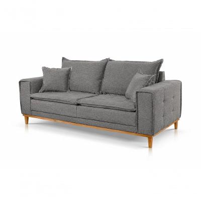 Sofá Carol 3 Lugares Fixo 220CM Cinza Linho Almofada Solta Base Madeira