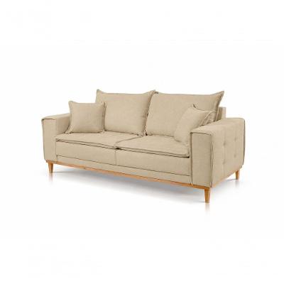 Sofá Carol 3 Lugares Almofada Solta Base Madeira 180CM Bege Claro Veludo Carol