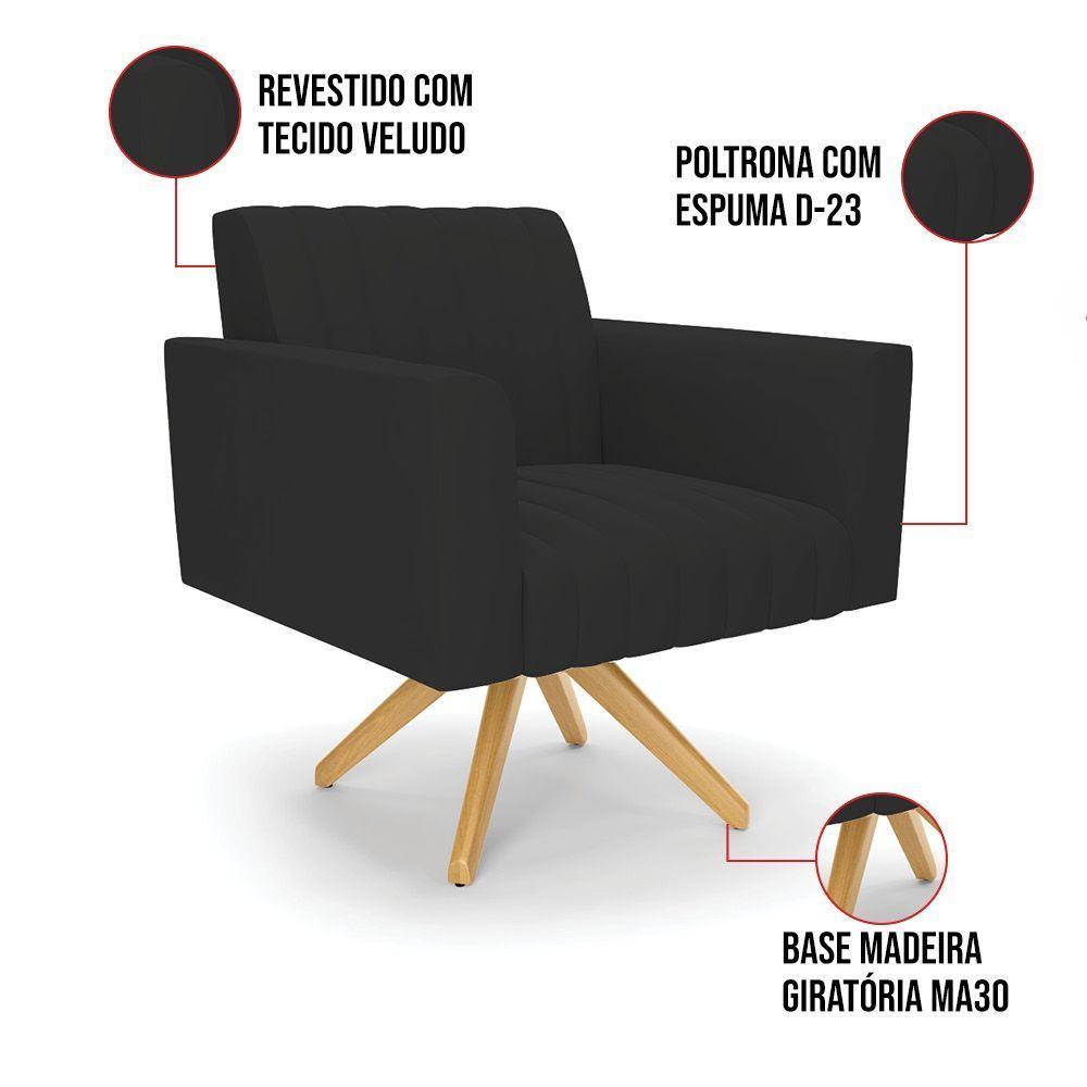 Kit 2 Poltronas Giratória Viena Gomada Veludo Preto Base De Madeira Ma30 - D'rossi - 3