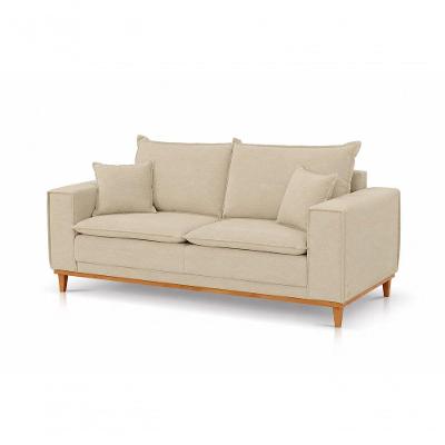Sofá Margot 3 Lugares Fixo 180CM Bege Claro Veludo Base Madeira
