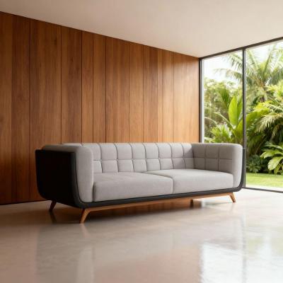 Sofá Madri 3 Lugares 240CM Cinza Claro Bouclê Corino Pés Madeira Premium Compose Divani