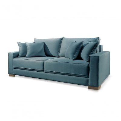 Sofá Helô 3 Lugares Fixo 200CM Azul Linho Almofada Solta Estrutura Madeira Helô