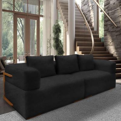 Sofá Scott 3 Lugares Fixo 220CM Preto Bouclé com Aplique em Madeira Lucadi