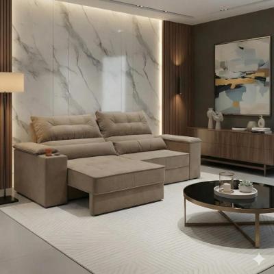 Sofá com Chaise Manhattan 3 Lugares Retrátil e Reclinável 210CM Bege Cia Lar
