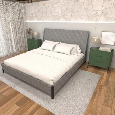 Cama King Estofada com 2 Mesas MDF 4 Gavetas 203CM Linho Lincoln Níquel com Musgo