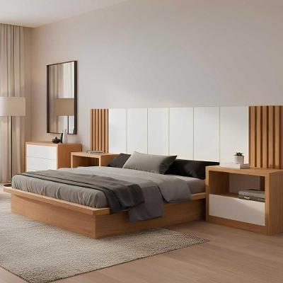 Cama Casal King com Cabeceira Ripada 3,45m e 02 Mesas 2 Gavetas 100% MDF 201CM Off White com Freijó